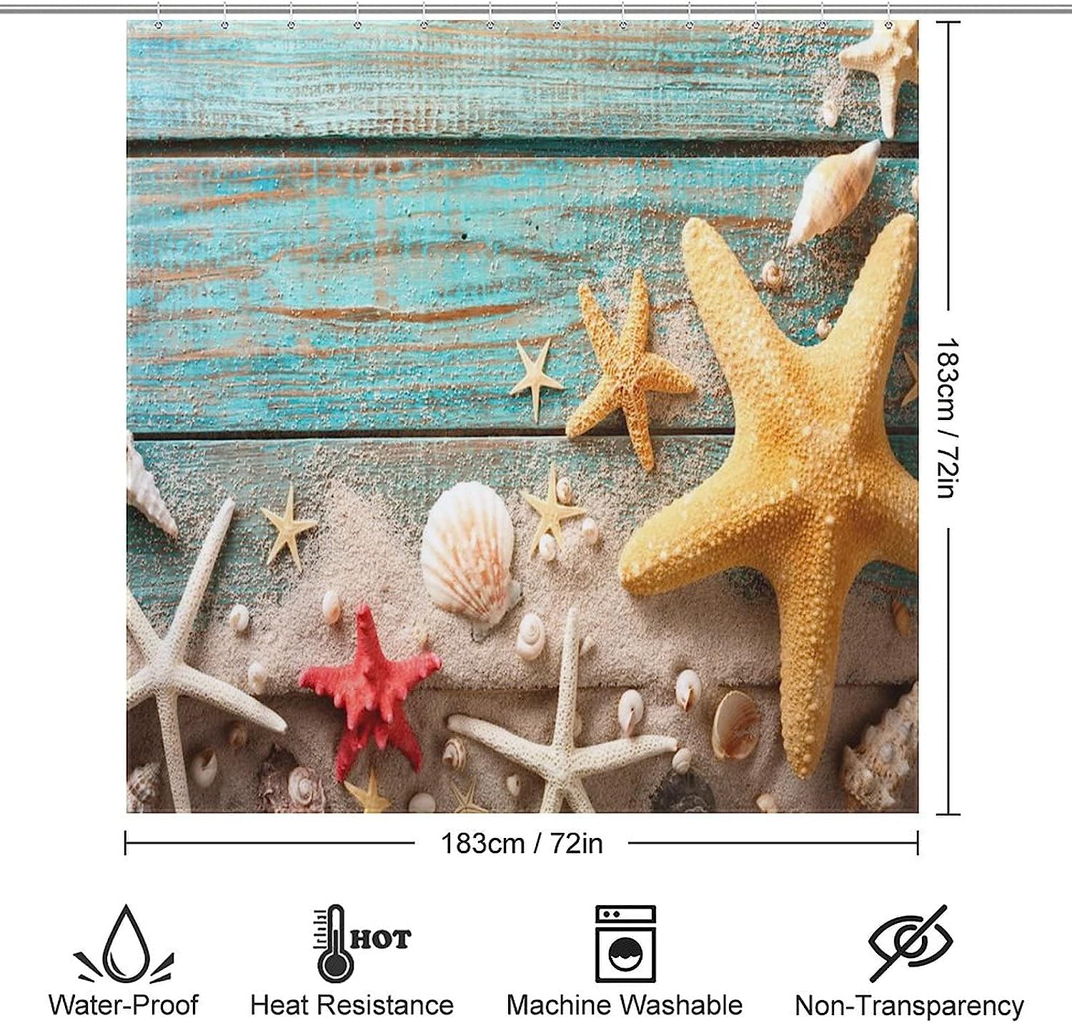 Seashell Starfish Beach Shower Curtain - Fabric Printed Bathroom Decor Accessory