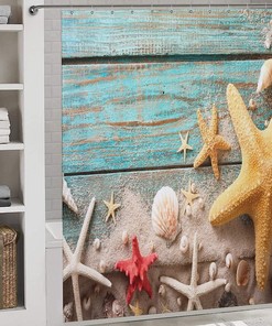 Seashell Starfish Beach Shower Curtain - Fabric Printed Bathroom Decor Accessory