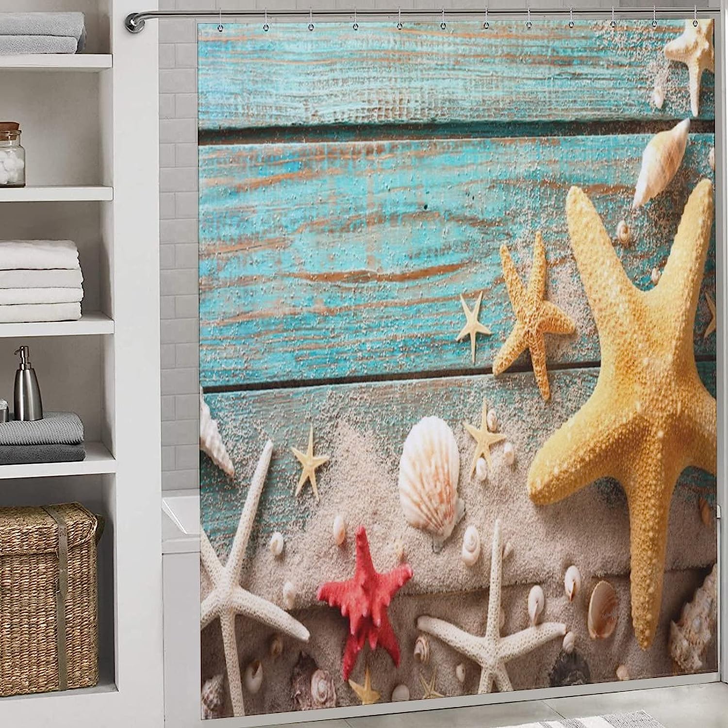 Seashell Starfish Beach Shower Curtain - Fabric Printed Bathroom Decor Accessory