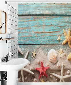 Seashell Starfish Beach Shower Curtain - Fabric Printed Bathroom Decor Accessory