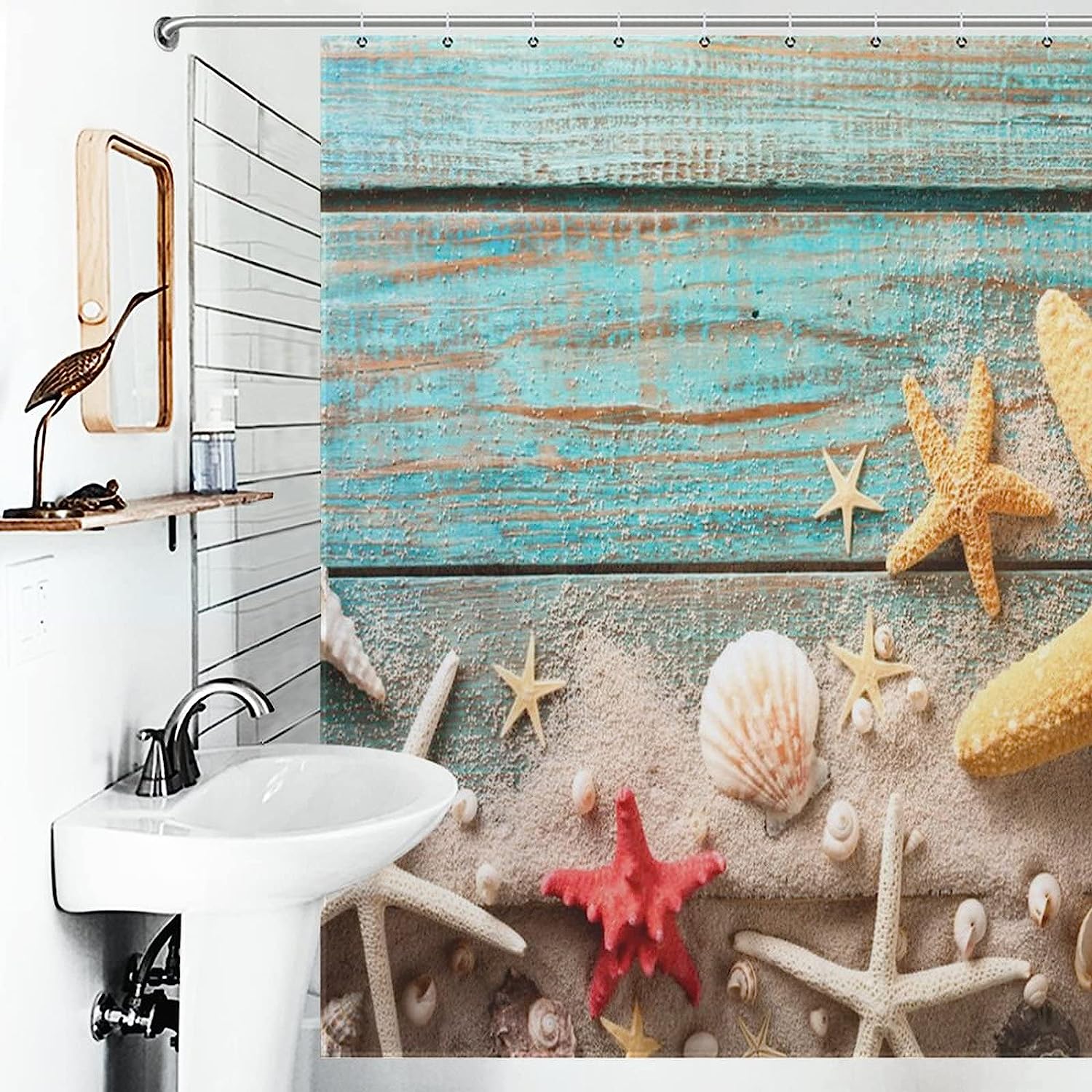 Seashell Starfish Beach Shower Curtain - Fabric Printed Bathroom Decor Accessory