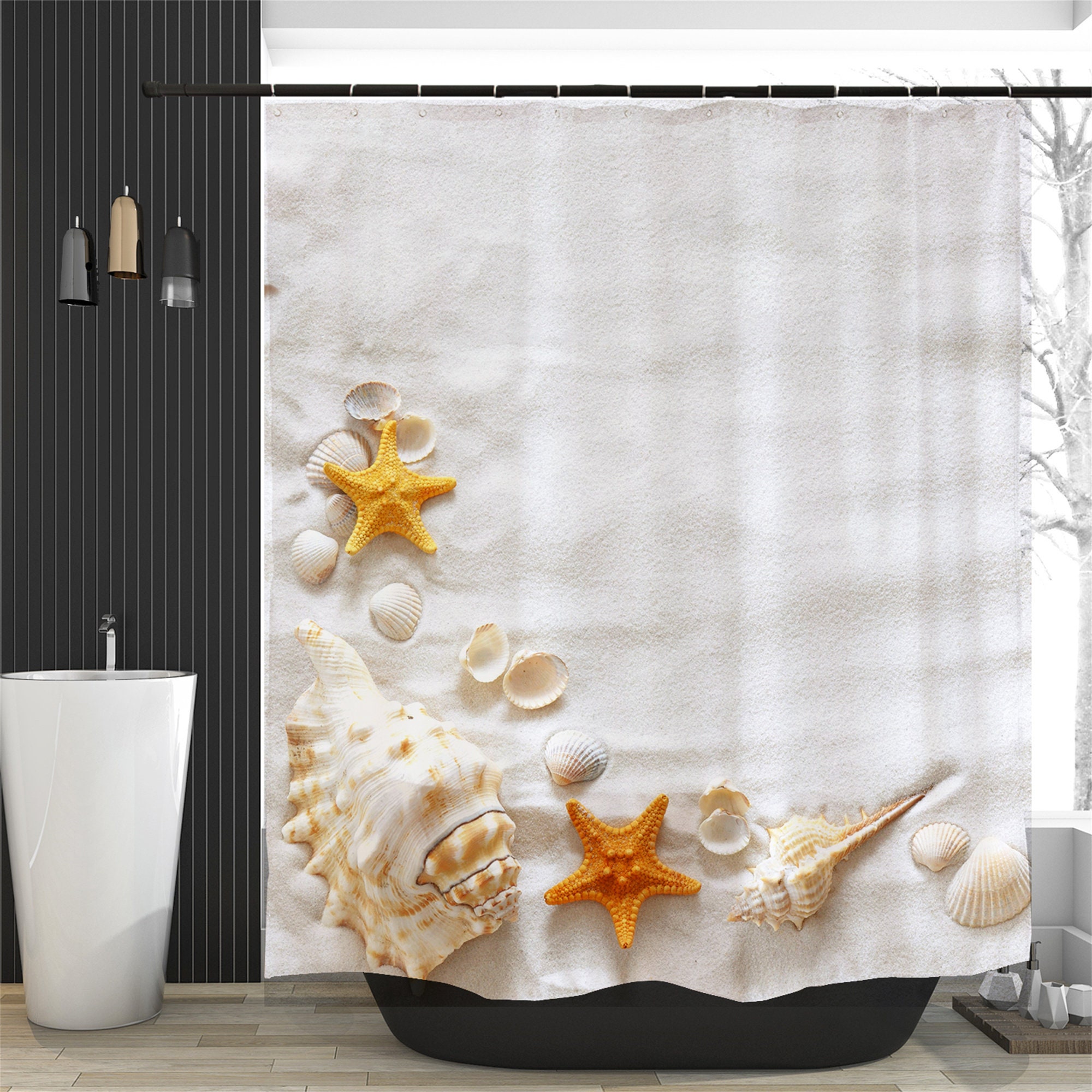 Seashell Starfish Beach Theme Shower Curtain for Beach Lovers Bathroom Decor