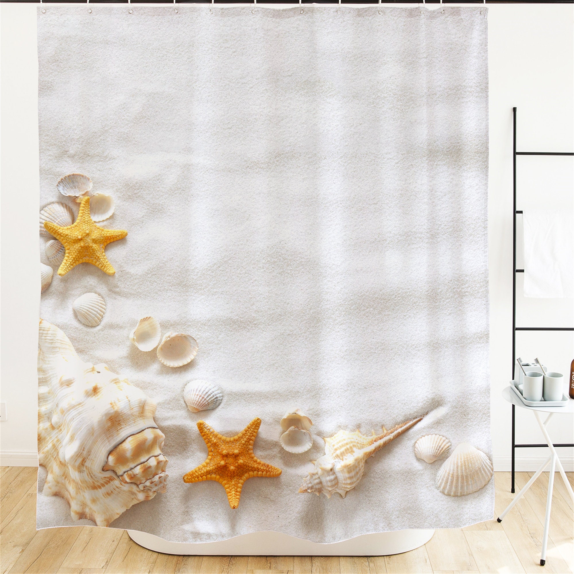 Seashell Starfish Beach Theme Shower Curtain for Beach Lovers Bathroom Decor