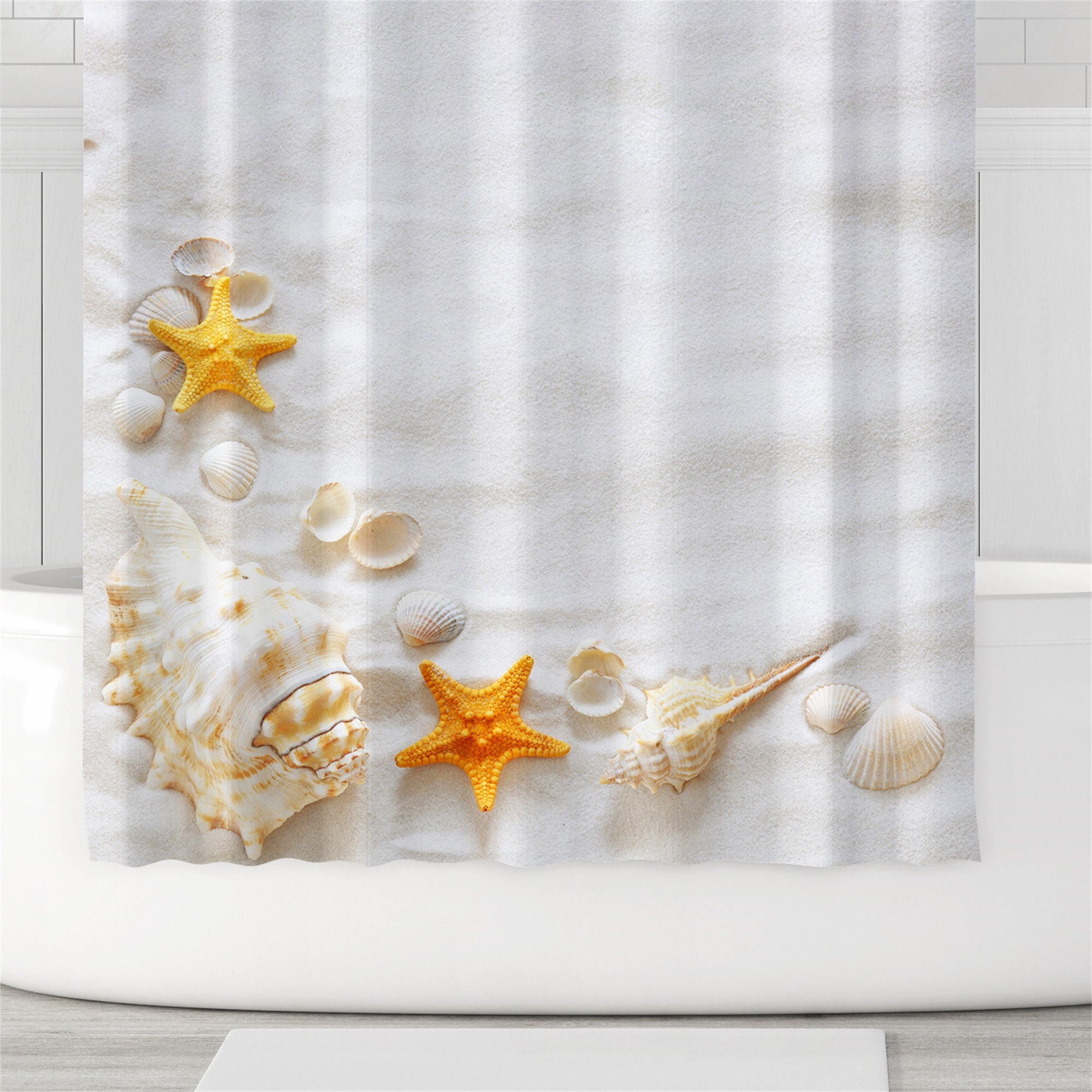 Seashell Starfish Beach Theme Shower Curtain for Beach Lovers Bathroom Decor