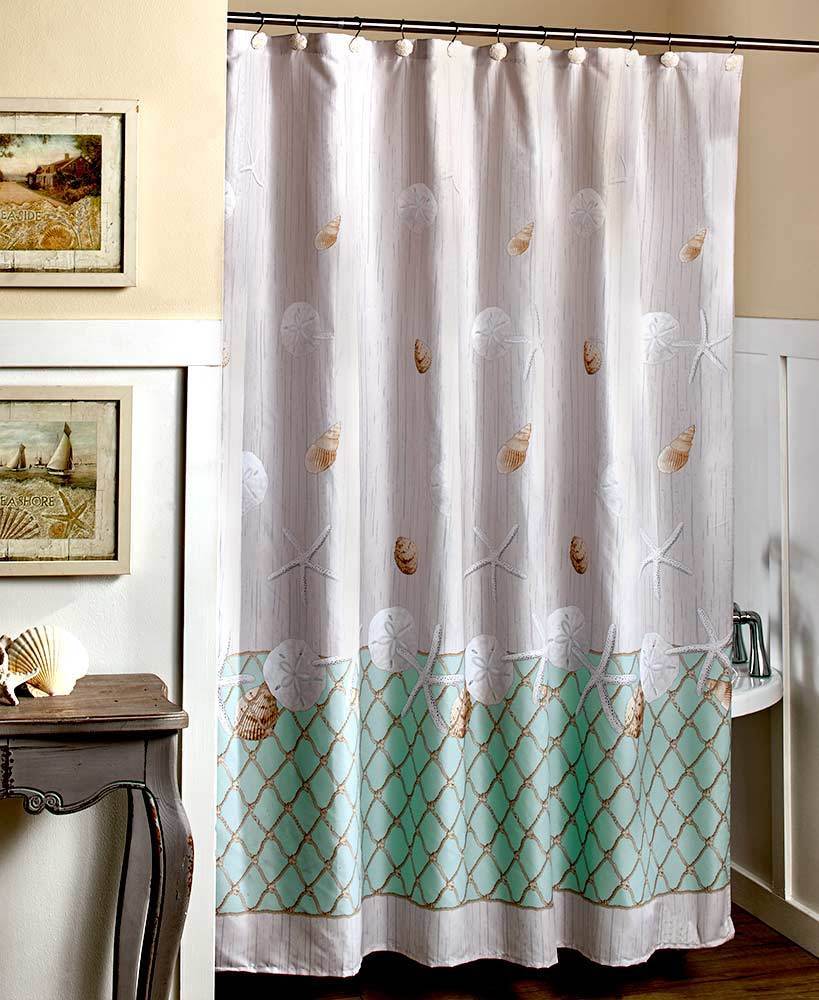 Seashell Starfish Coastal Shower Curtain for Nantucket Nautical Seaside Bath Decor
