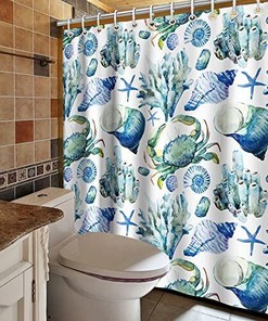 Seashell, Starfish, Crab, and Conch Theme Fabric Bathr Shower Curtain for Beach Bathroom Decor