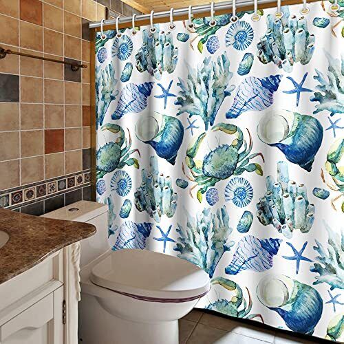 Seashell, Starfish, Crab, and Conch Theme Fabric Bathr Shower Curtain for Beach Bathroom Decor