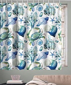 Seashell, Starfish, Crab, and Conch Theme Fabric Bathr Shower Curtain for Beach Bathroom Decor