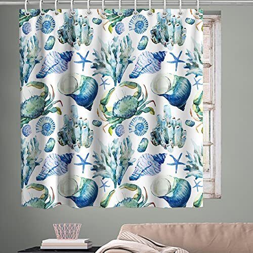 Seashell, Starfish, Crab, and Conch Theme Fabric Bathr Shower Curtain for Beach Bathroom Decor