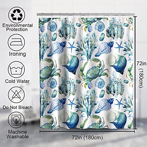 Seashell, Starfish, Crab, and Conch Theme Fabric Bathr Shower Curtain for Beach Bathroom Decor