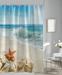 Seashell Starfish Sand Blue Sky Beach Theme Shower Curtain - Coastal Bathroom Curtains