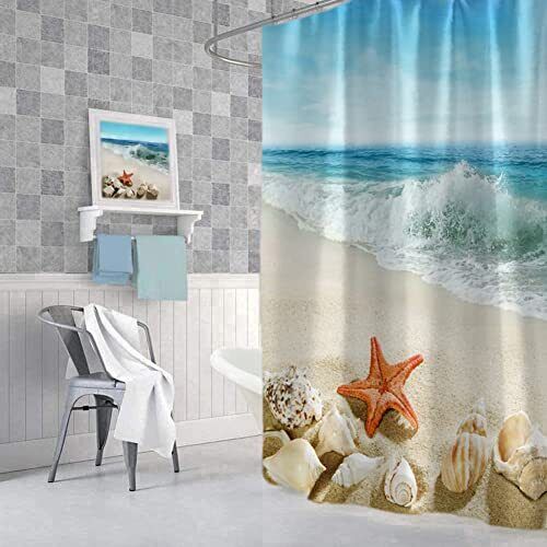 Seashell Starfish Sand Blue Sky Beach Theme Shower Curtain - Coastal Bathroom Curtains - Image 2