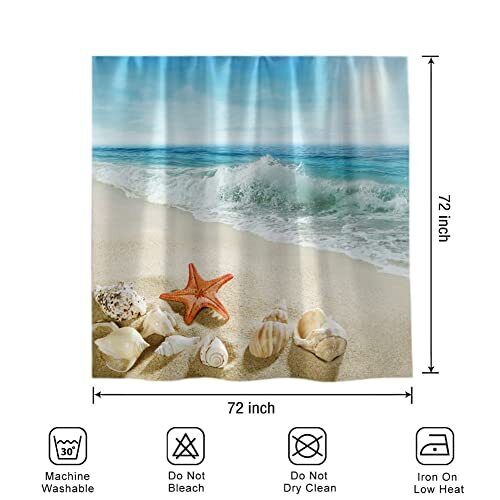 Seashell Starfish Sand Blue Sky Beach Theme Shower Curtain - Coastal Bathroom Curtains - Image 3