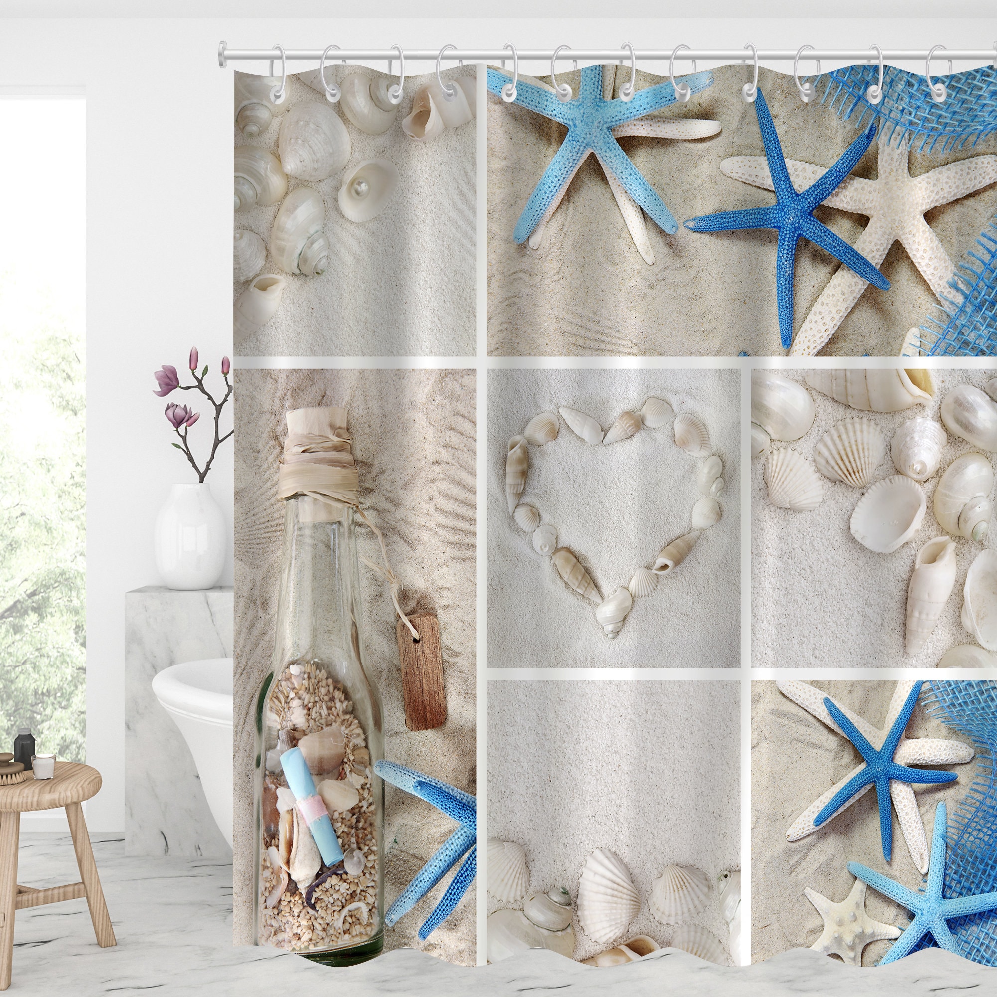 Seashell Starfish Shower Curtain with Modern Fabric for Bathroom Decor - Waterproof and Rust-Resistant