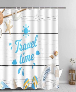 Seashell Starfish Summer Beach Shower Curtain, Modern Travel Theme Art For Coastal Bathroom Decor 