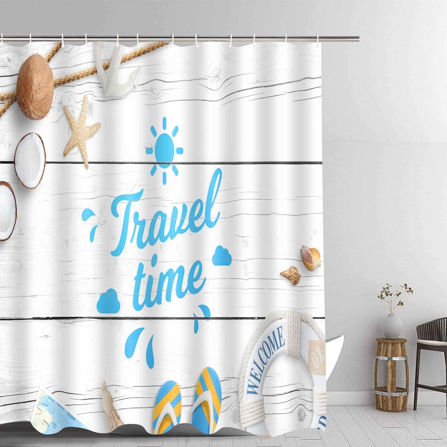 Seashell Starfish Summer Beach Shower Curtain, Modern Travel Theme Art For Coastal Bathroom Decor