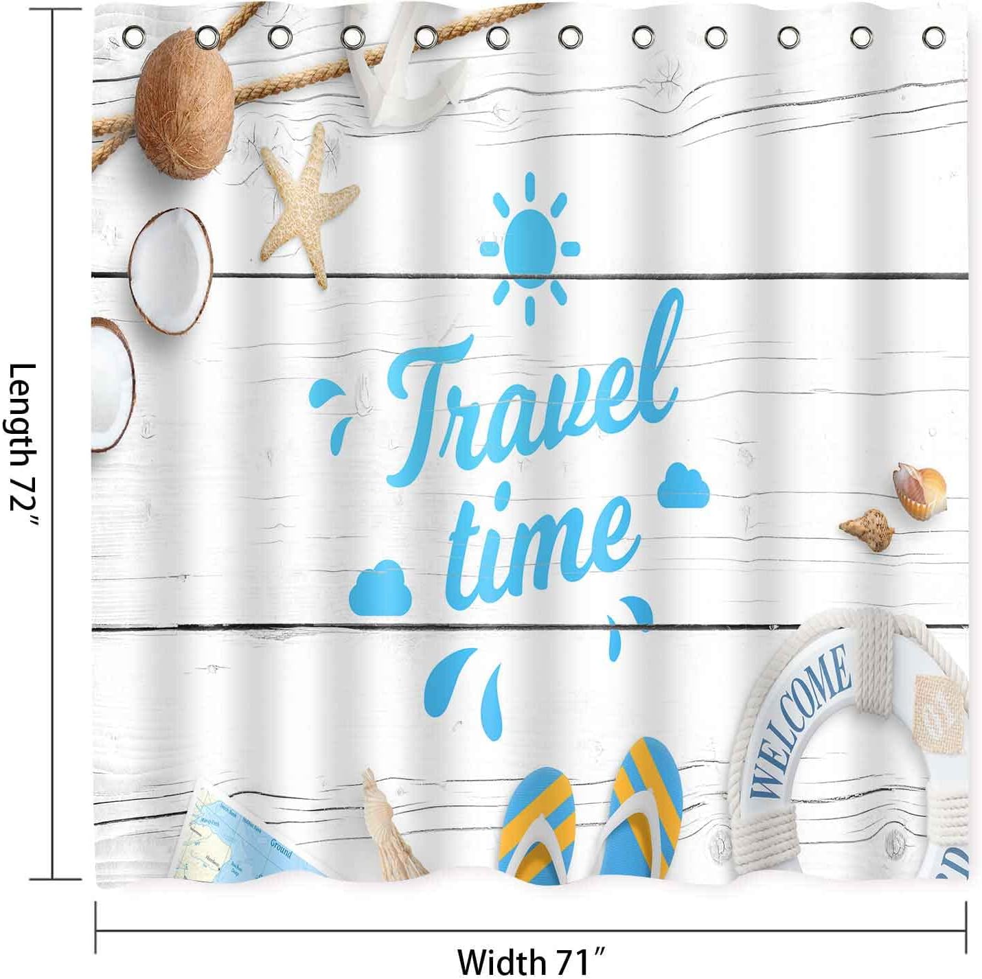 Seashell Starfish Summer Beach Shower Curtain, Modern Travel Theme Art For Coastal Bathroom Decor
