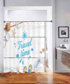 Seashell Starfish Summer Beach Shower Curtain, Modern Travel Theme Art For Coastal Bathroom Decor