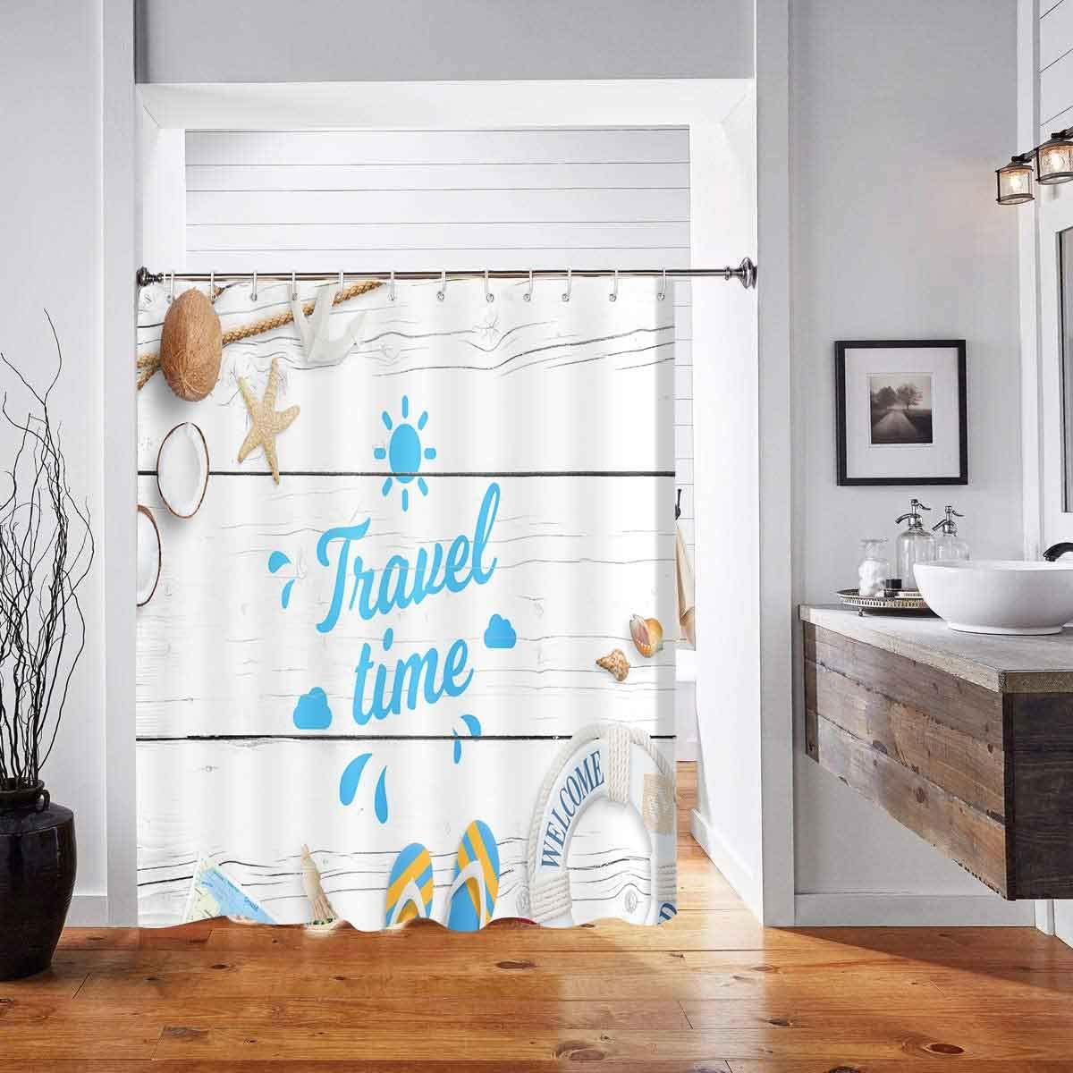 Seashell Starfish Summer Beach Shower Curtain, Modern Travel Theme Art For Coastal Bathroom Decor
