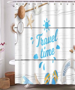 Seashell Starfish Summer Beach Shower Curtain, Modern Travel Theme Art For Coastal Bathroom Decor