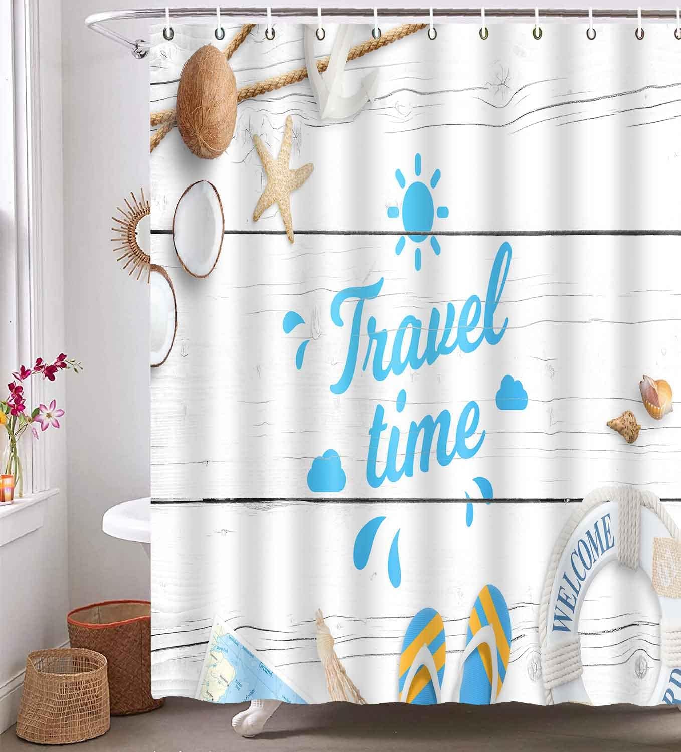 Seashell Starfish Summer Beach Shower Curtain, Modern Travel Theme Art For Coastal Bathroom Decor