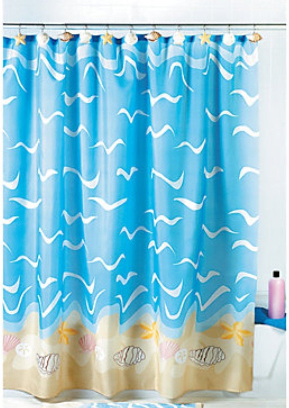 Seashell, Starfish, and Sand Dollar Shower Curtain for Nautical Seaside Bath Decor