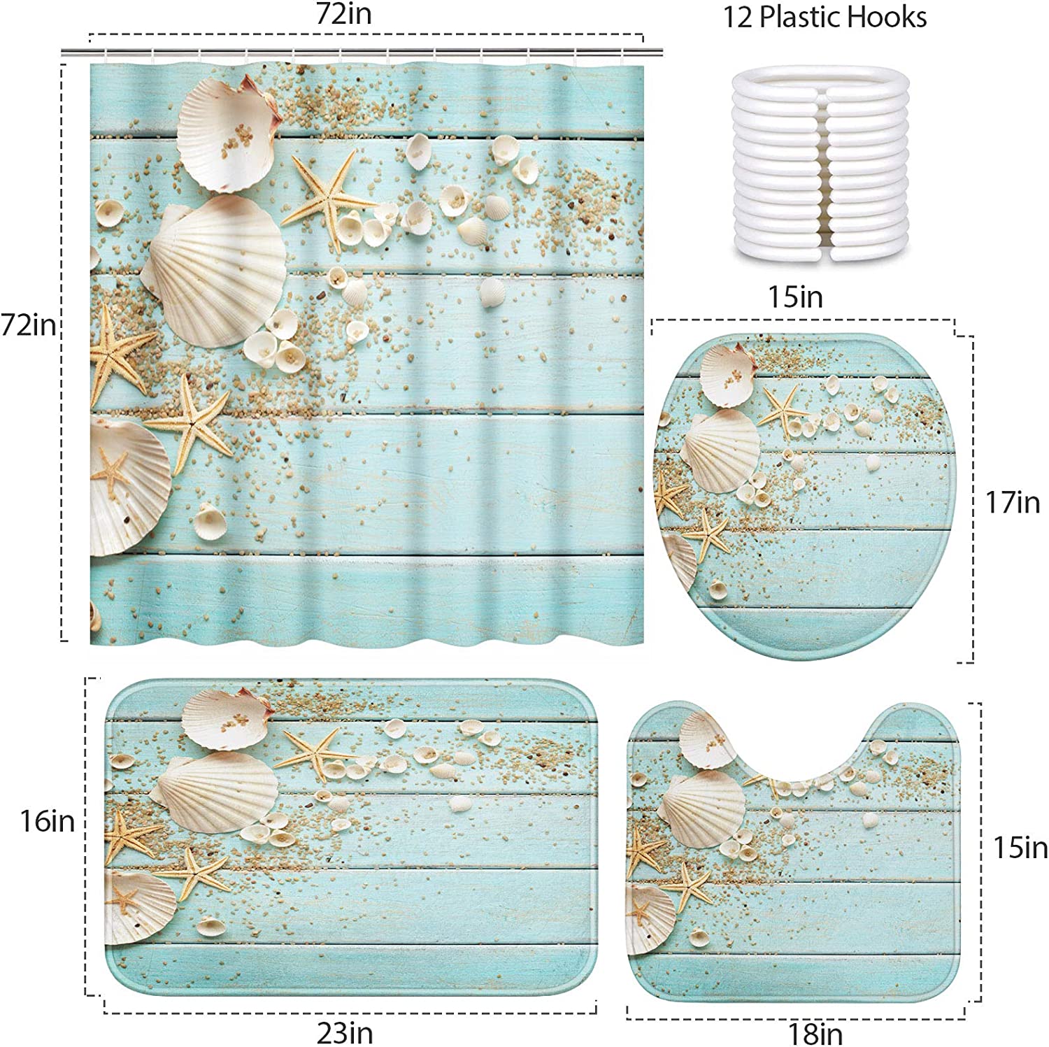 Seashell Wooden Nautical Beach House Waterproof Shower Curtain - Image 2