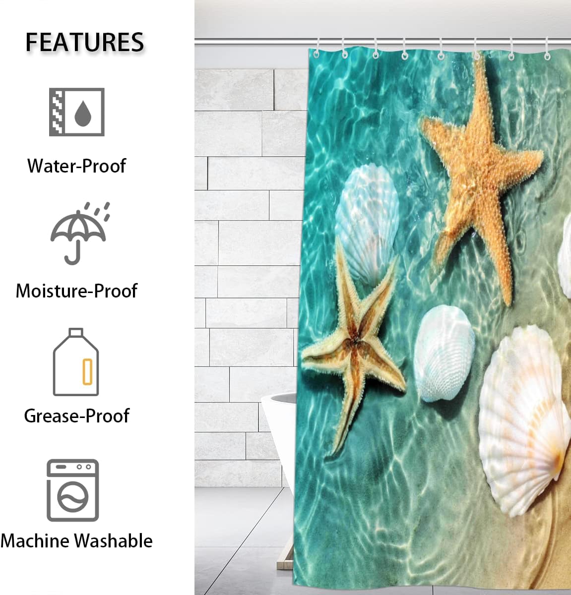 Seashell and Starfish Beach Shower Curtain for Bathroom Fabric Home Decor