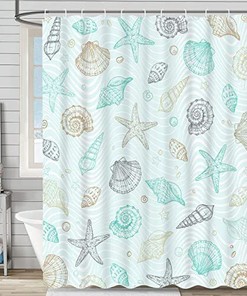 Seashell and Starfish Coastal Nautical Fabric Shower Curtain for Beachy Bathroom Decor.