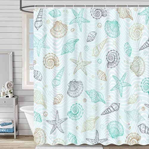 Seashell and Starfish Coastal Nautical Fabric Shower Curtain for Beachy Bathroom Decor.