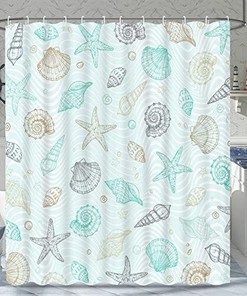 Seashell and Starfish Coastal Nautical Fabric Shower Curtain for Beachy Bathroom Decor.