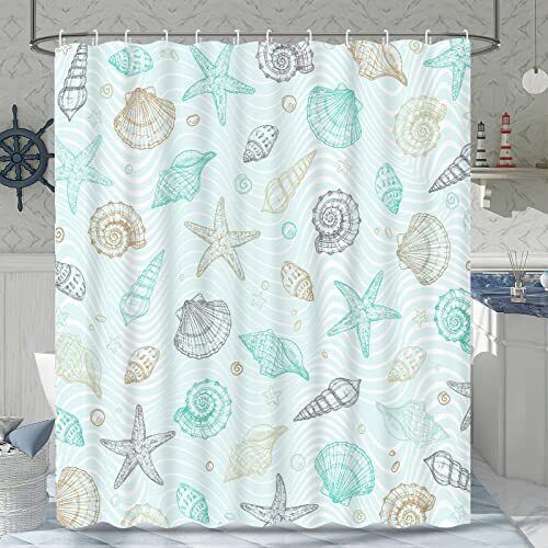 Seashell and Starfish Coastal Nautical Fabric Shower Curtain for Beachy Bathroom Decor.