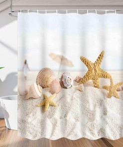 Seashell and Starfish on Sandy Beach Print Shower Curtain for Bathroom Fabric Home Decor 