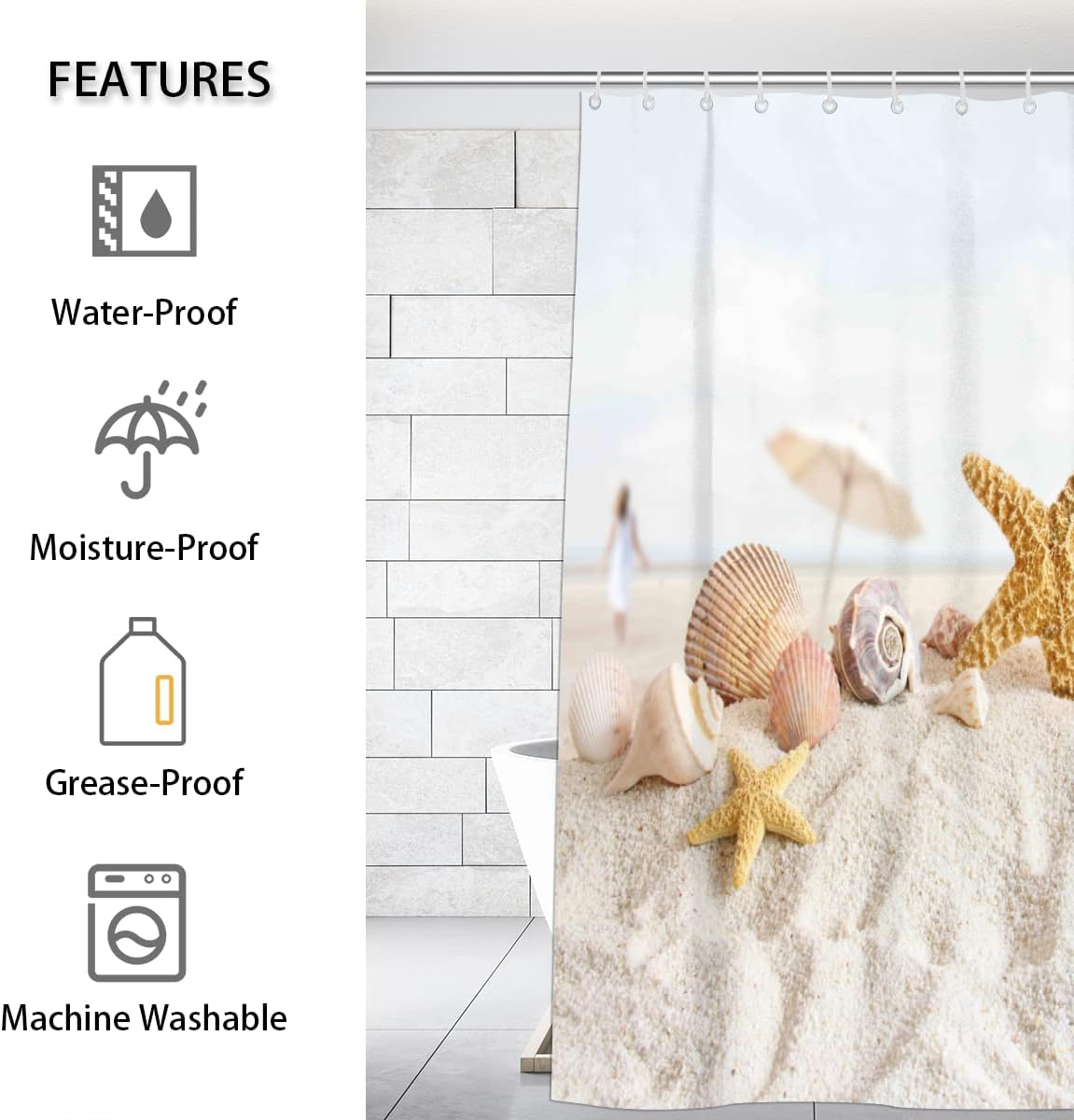 Seashell and Starfish on Sandy Beach Print Shower Curtain for Bathroom Fabric Home Decor