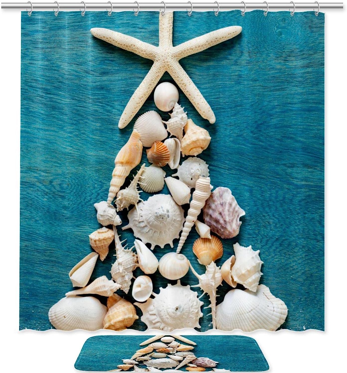 Seashells And Starfish Christmas Tree Shower Curtain For A Beachy Bathroom