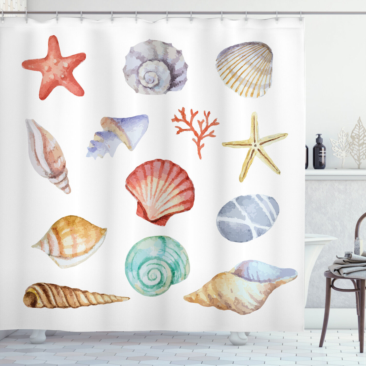 Seashells Animals Print Shower Curtain for Summer Bathroom Decor