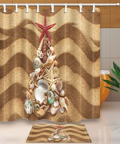 Seashells Fir Tree Sand Christmas Shower Curtain - Coastal Bathroom Decor