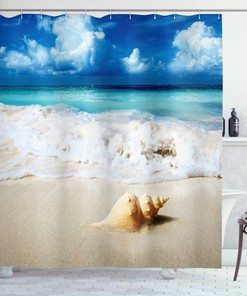 Seashells Ocean Decor Shower Curtain with Picture of Bright Sunny Sand Waves