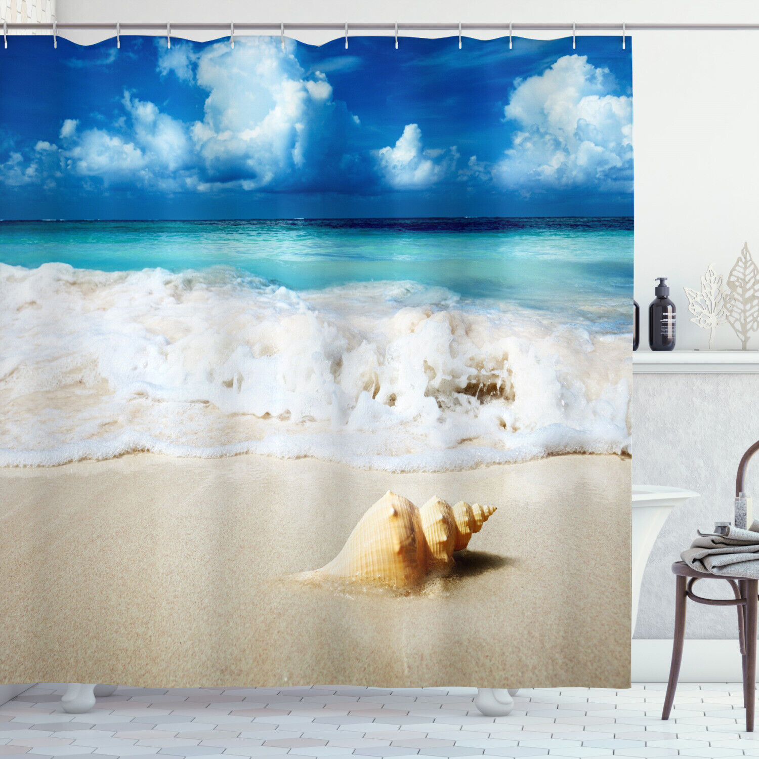 Seashells Ocean Decor Shower Curtain with Picture of Bright Sunny Sand Waves
