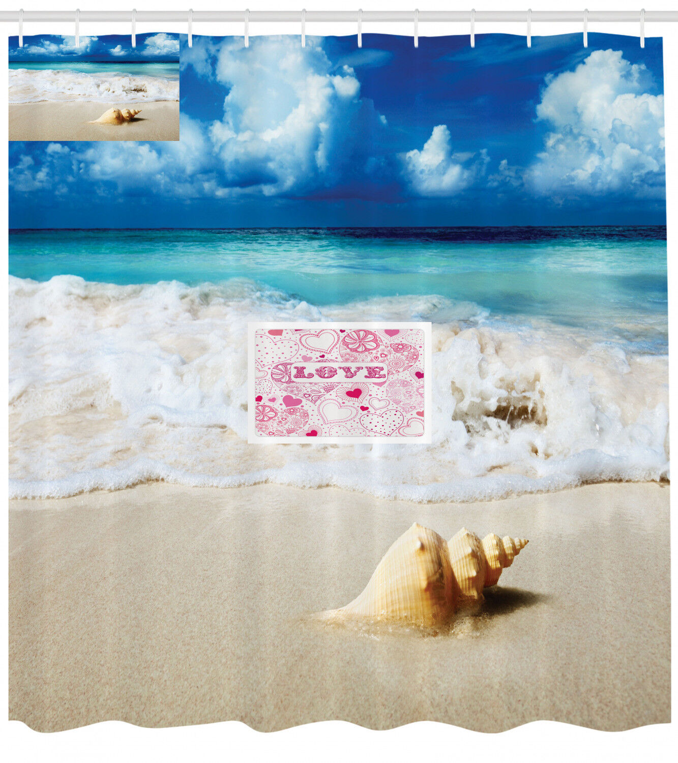 Seashells Ocean Decor Shower Curtain with Picture of Bright Sunny Sand Waves