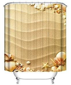 Seashells On Sand Fabric Shower Curtain, Beachy Bathroom Decor With Hooks
