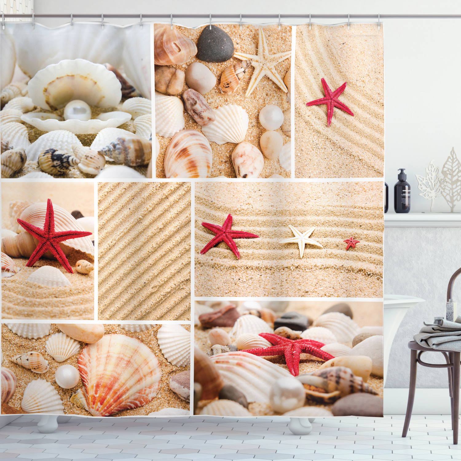 Seashells Starfishes Print Shower Curtain for a Beachy Bathroom