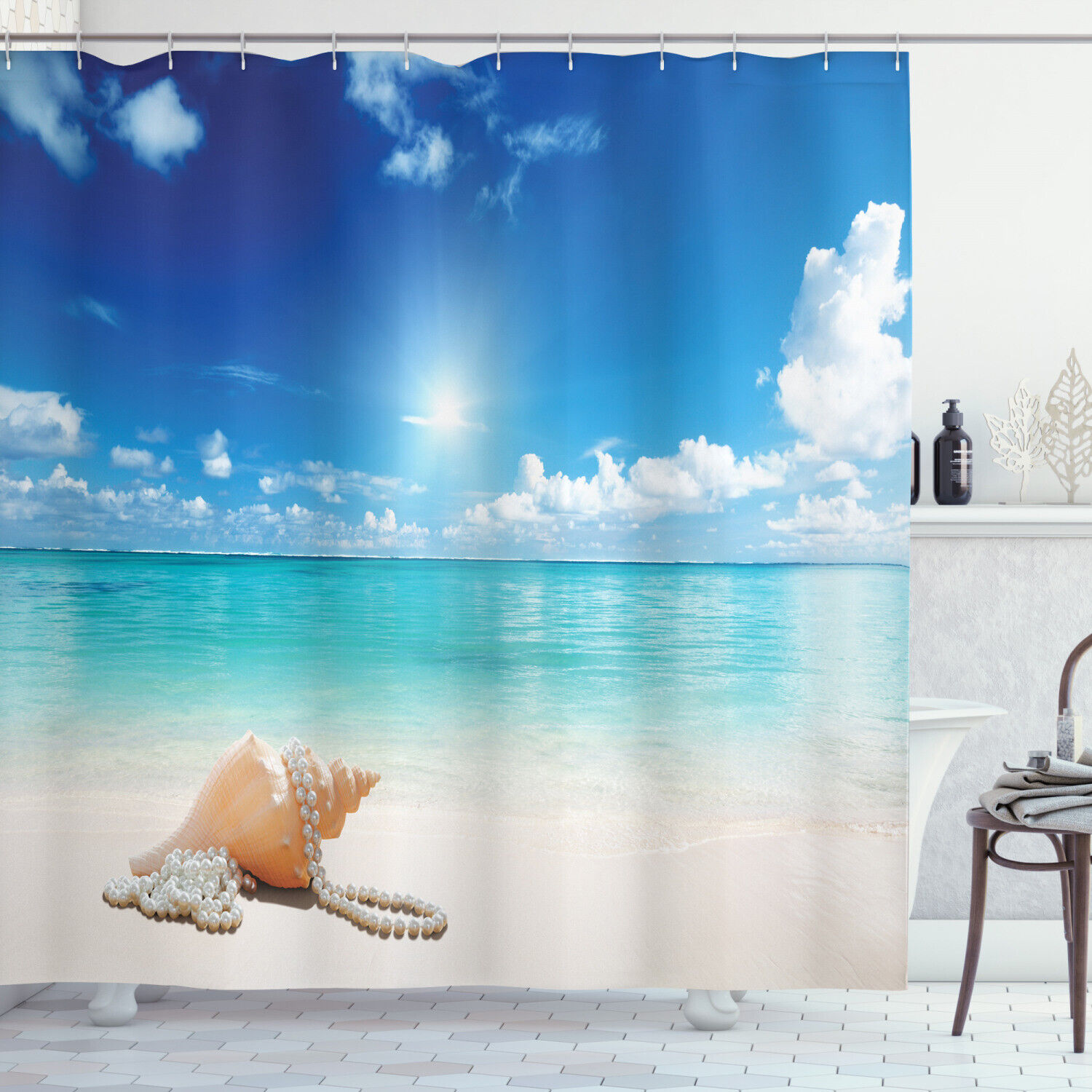 Seashells Tropical Beach Ocean Print Shower Curtain for Bathroom