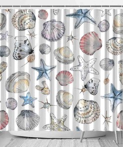 Seashells Watercolor Butterfly Shower Curtain, Decorative Bathroom Curtain with Seashell Theme and VISALUNA Keyword