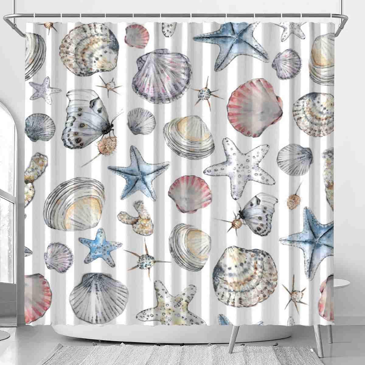 Seashells Watercolor Butterfly Shower Curtain, Decorative Bathroom Curtain with Seashell Theme and VISALUNA Keyword