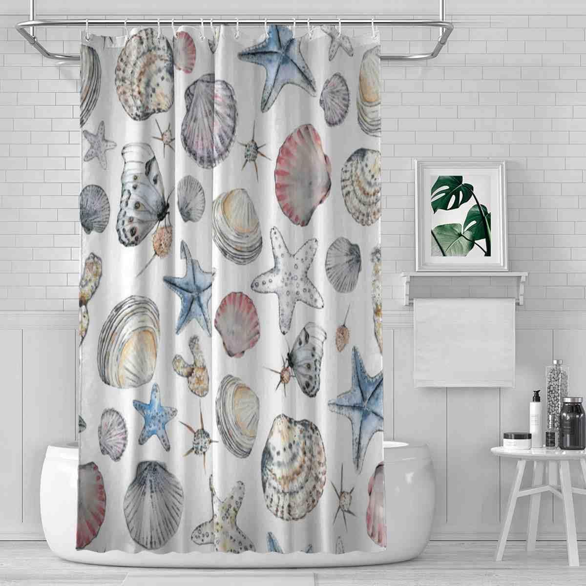 Seashells Watercolor Butterfly Shower Curtain, Decorative Bathroom Curtain with Seashell Theme and VISALUNA Keyword