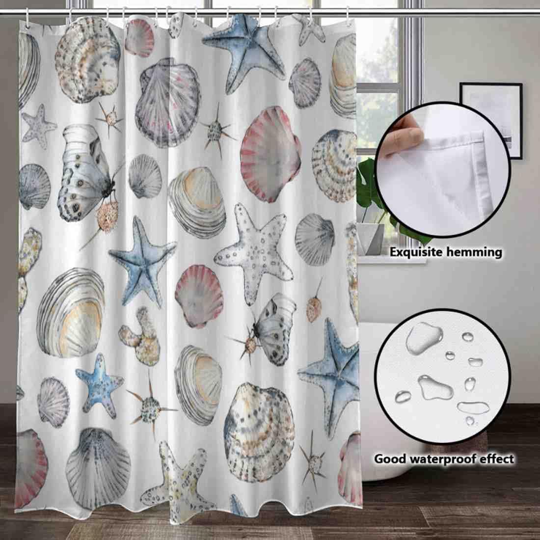 Seashells Watercolor Butterfly Shower Curtain, Decorative Bathroom Curtain with Seashell Theme and VISALUNA Keyword