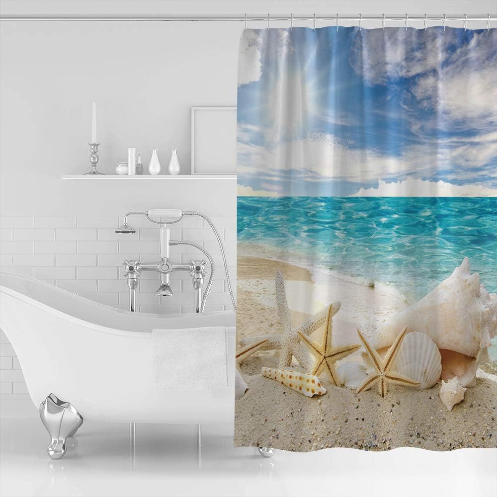 Seashells and Starfish Vintage Shower Curtain for a Beachy Bathroom
