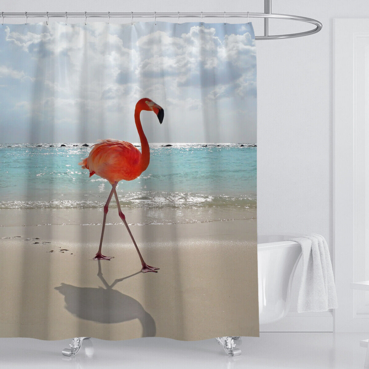 Seaside Flamingo Shower Curtain for Bathroom - At-Home Tropical Beach Decor
