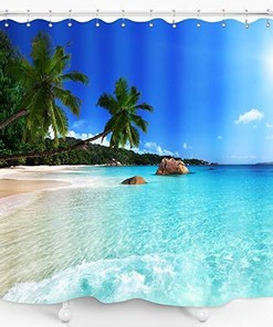 Seaside Landscape Shower Curtain with Palm Trees and Blue Sky - Ocean Beach Theme